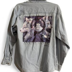 Vintage 90's Denim Button Up Shirt Wolf Design and Embroidery Size S 100% Cotton
